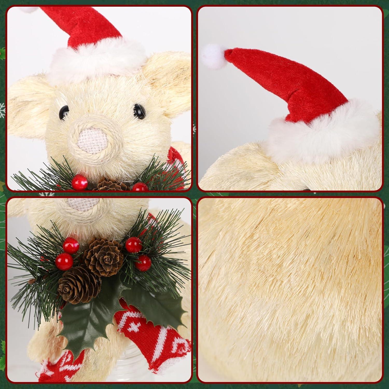 imagewinemana Christmas Tabletop Decorations Sisal Pig Figurine with Santa Hat Scarf for Home Rustic Farmhouse Christmas Ornaments Xmas Holiday Winter Decor for Indoor Office Shelf Mantle Centerpieces