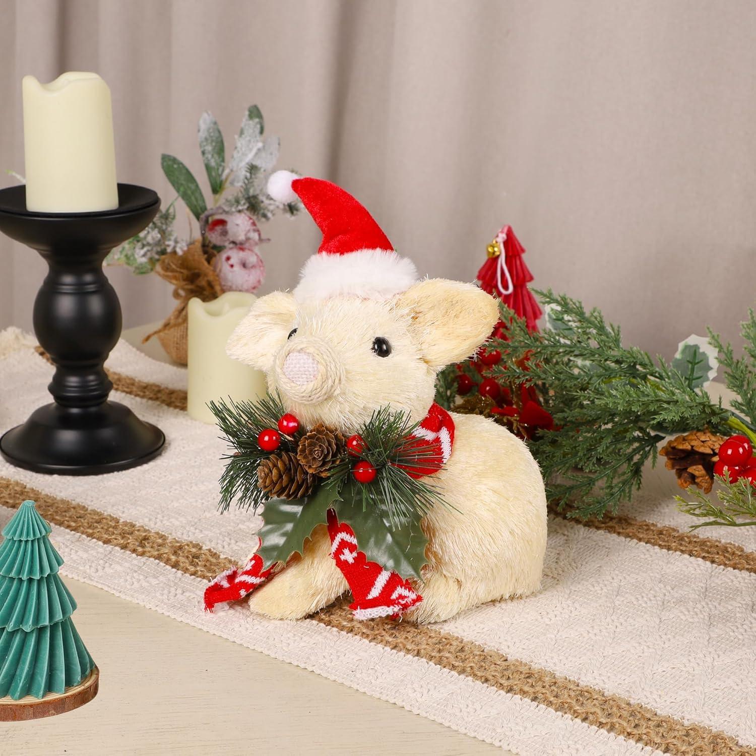 imagewinemana Christmas Tabletop Decorations Sisal Pig Figurine with Santa Hat Scarf for Home Rustic Farmhouse Christmas Ornaments Xmas Holiday Winter Decor for Indoor Office Shelf Mantle Centerpieces