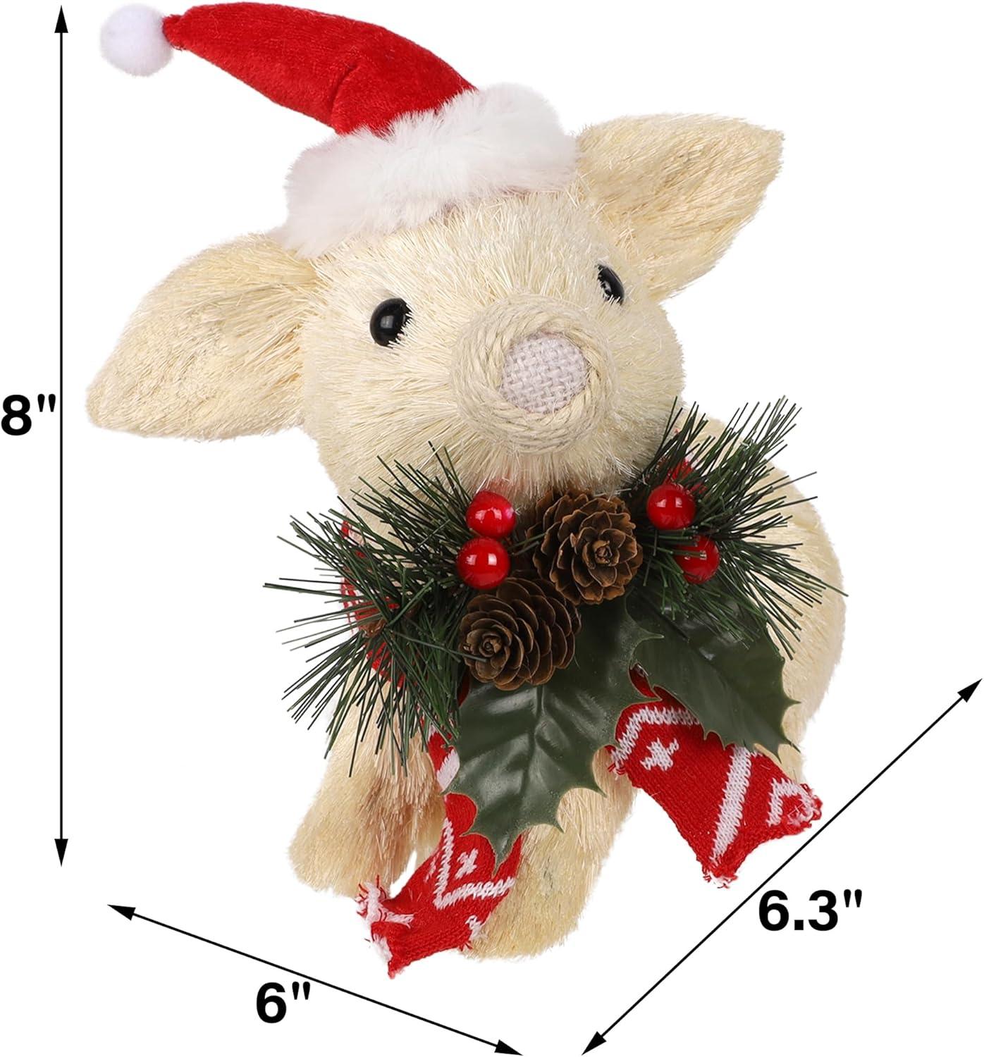 imagewinemana Christmas Tabletop Decorations Sisal Pig Figurine with Santa Hat Scarf for Home Rustic Farmhouse Christmas Ornaments Xmas Holiday Winter Decor for Indoor Office Shelf Mantle Centerpieces