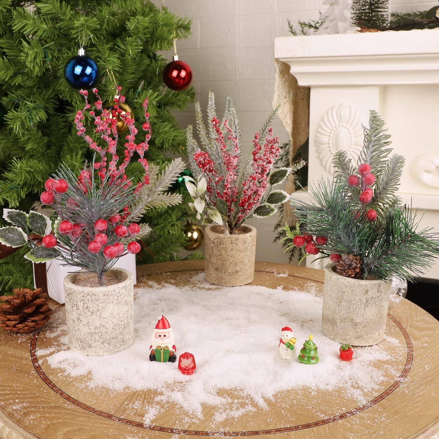 imagewinemana Mini Christmas Tree Table Decorations Indoor 3 Pcs Small Artificial Xmas Trees Decoration with Red Berries Pine Cone for Centerpiece Kitchen Office Tabletop Home Holiday Decorstyle 4