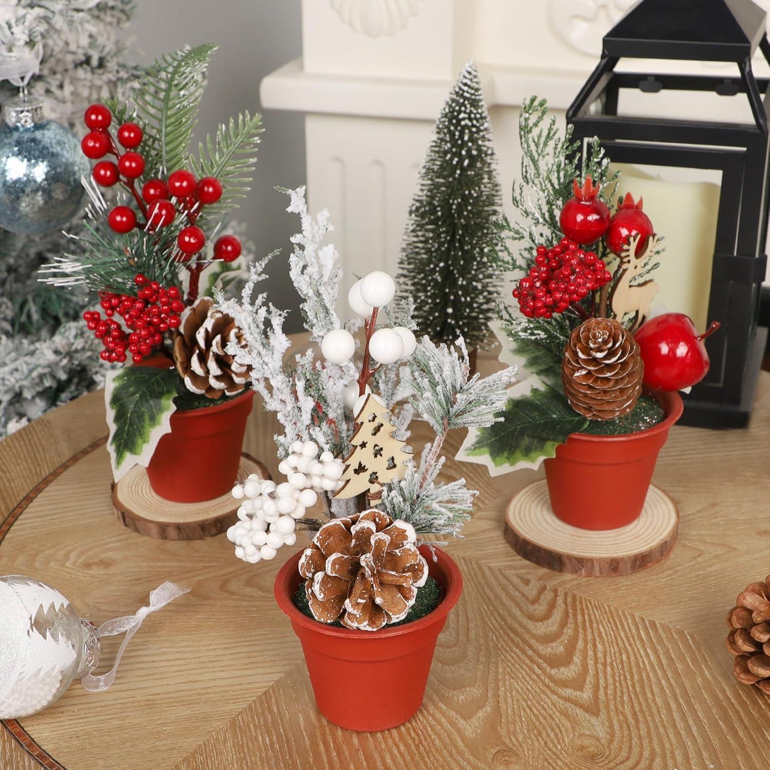 imagewinemana Mini Christmas Tree Table Decorations Indoor 3 Pcs Small Artificial Xmas Trees Decoration with Red Berries Pine Cone for Centerpiece Kitchen Office Tabletop Home Holiday Decorstyle 3