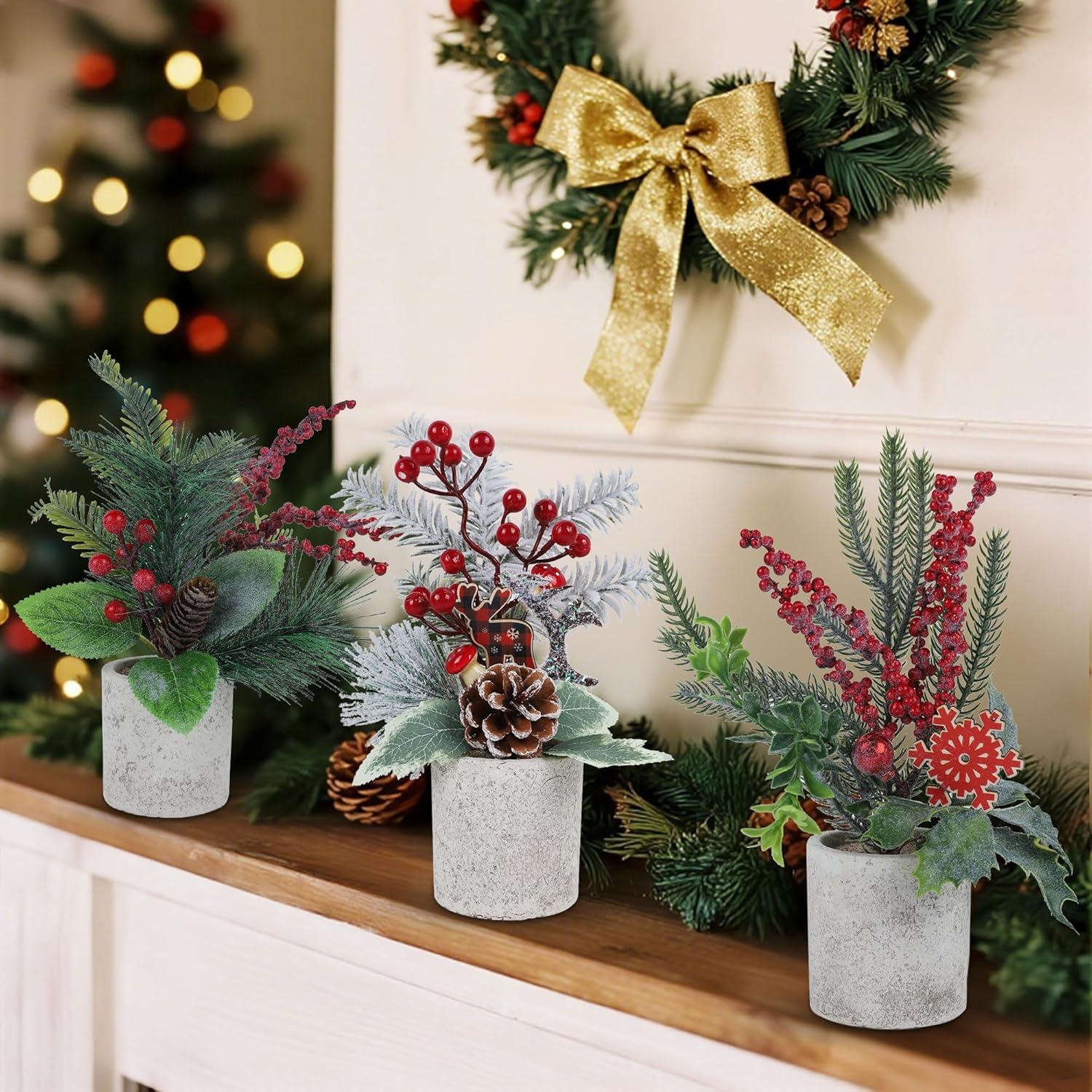 imagewinemana Mini Christmas Tree Table Decorations Indoor 3 Pcs Small Artificial Xmas Trees Decoration with Red Berries Pine Cone for Centerpiece Kitchen Office Tabletop Home Holiday Decorstyle 7