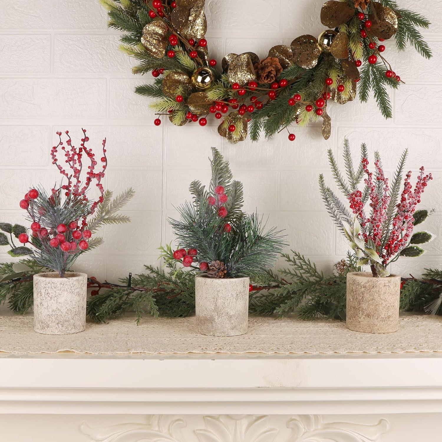 imagewinemana Mini Christmas Tree Table Decorations Indoor 3 Pcs Small Artificial Xmas Trees Decoration with Red Berries Pine Cone for Centerpiece Kitchen Office Tabletop Home Holiday Decorstyle 4