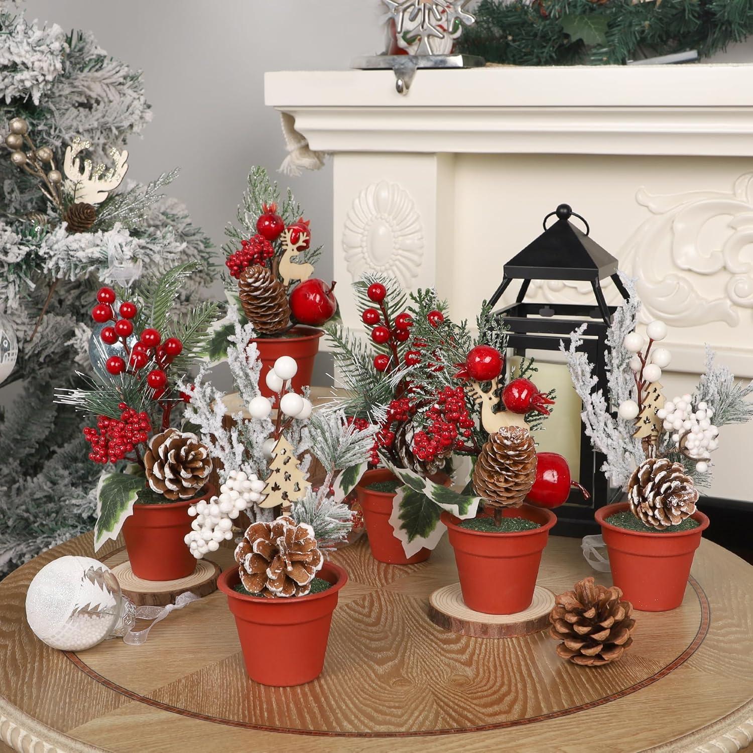 imagewinemana Mini Christmas Tree Table Decorations Indoor 3 Pcs Small Artificial Xmas Trees Decoration with Red Berries Pine Cone for Centerpiece Kitchen Office Tabletop Home Holiday Decorstyle 3