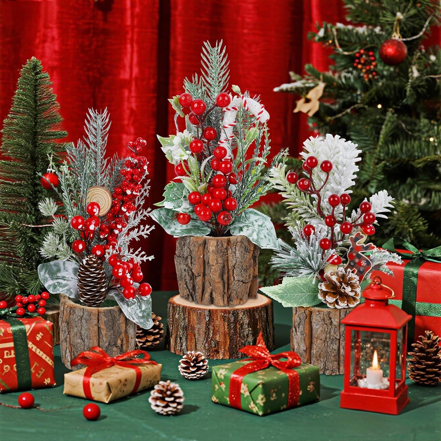 imagewinemana Mini Christmas Tree Table Decorations Indoor 3 Pcs Small Artificial Xmas Trees Decoration with Red Berries Pine Cone for Centerpiece Kitchen Office Tabletop Home Holiday Decorstyle 6