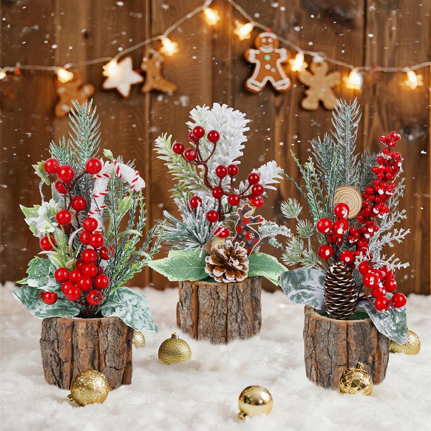 imagewinemana Mini Christmas Tree Table Decorations Indoor 3 Pcs Small Artificial Xmas Trees Decoration with Red Berries Pine Cone for Centerpiece Kitchen Office Tabletop Home Holiday Decorstyle 6
