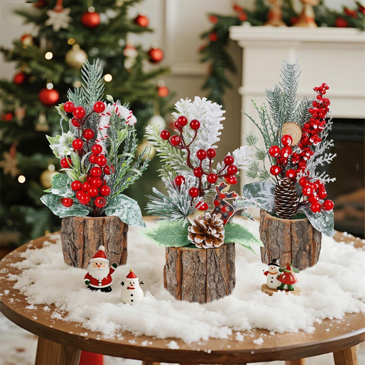 imagewinemana Mini Christmas Tree Table Decorations Indoor 3 Pcs Small Artificial Xmas Trees Decoration with Red Berries Pine Cone for Centerpiece Kitchen Office Tabletop Home Holiday Decorstyle 6