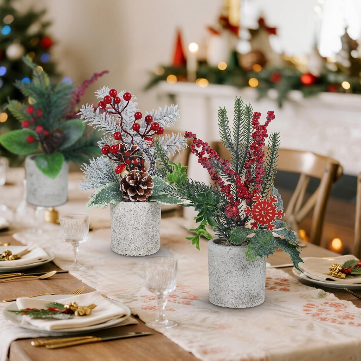 imagewinemana Mini Christmas Tree Table Decorations Indoor 3 Pcs Small Artificial Xmas Trees Decoration with Red Berries Pine Cone for Centerpiece Kitchen Office Tabletop Home Holiday Decorstyle 7