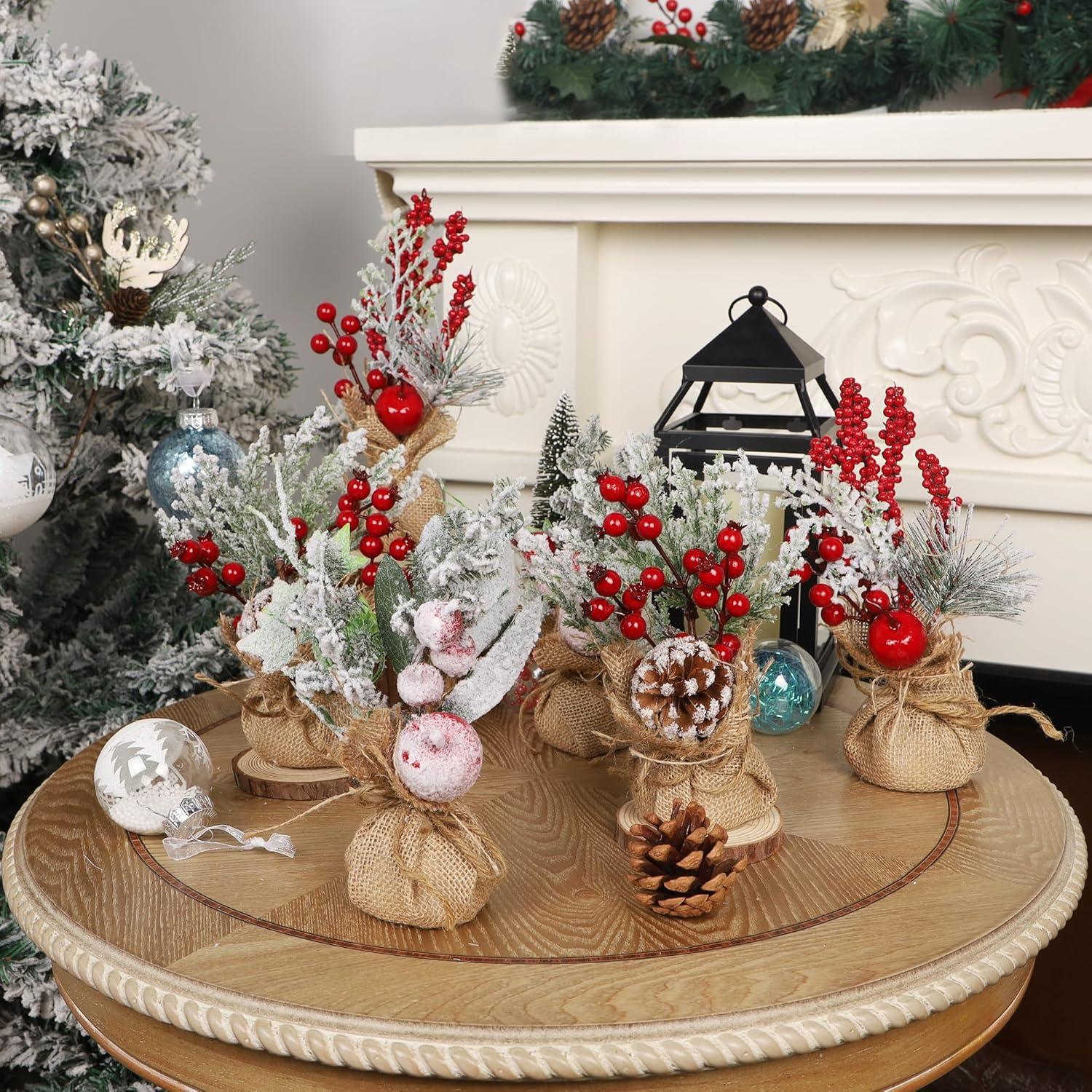 imagewinemana Mini Christmas Tree Table Decorations Indoor 3 Pcs Small Artificial Xmas Trees Decoration with Red Berries Pine Cone for Centerpiece Kitchen Office Tabletop Home Holiday Decorstyle 2