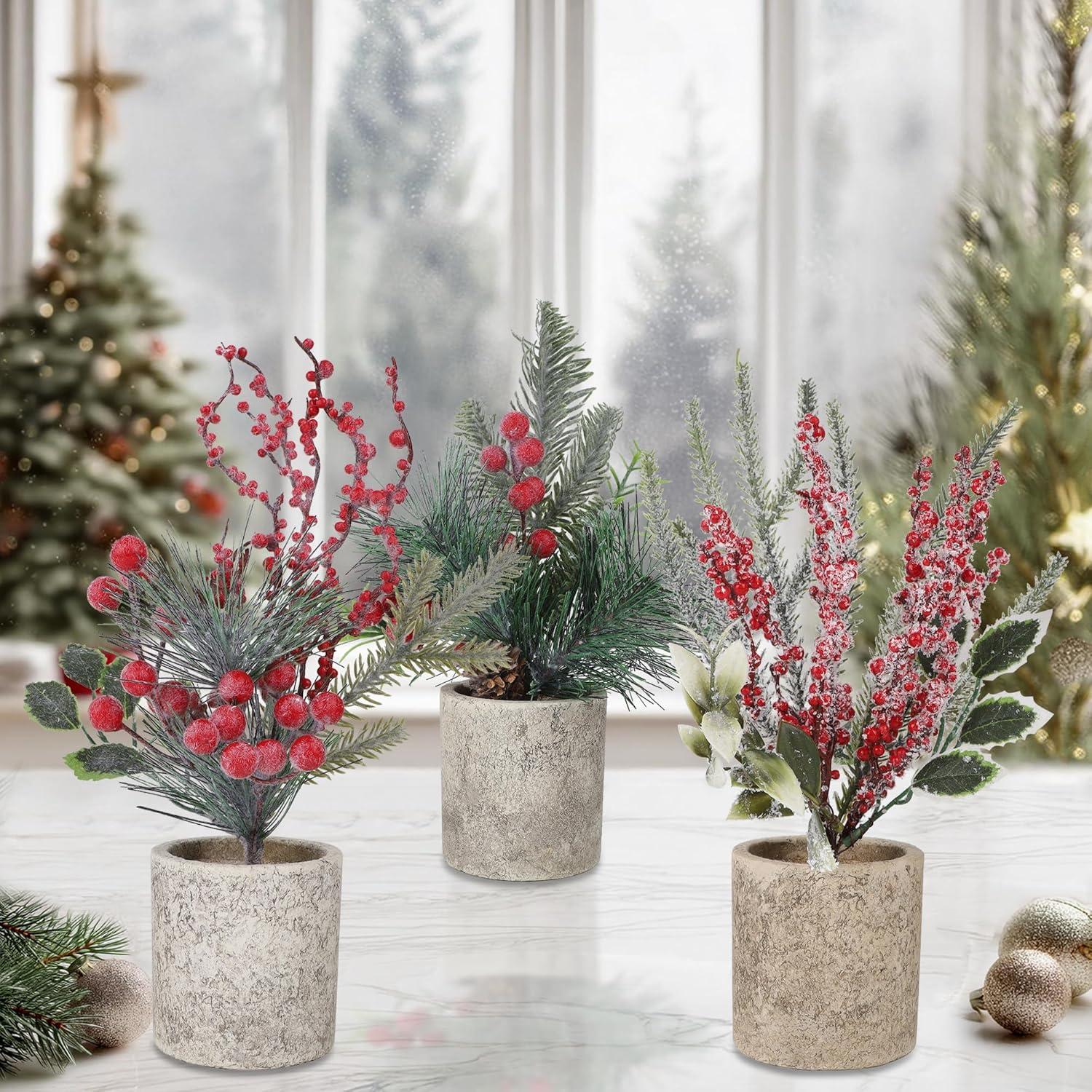 imagewinemana Mini Christmas Tree Table Decorations Indoor 3 Pcs Small Artificial Xmas Trees Decoration with Red Berries Pine Cone for Centerpiece Kitchen Office Tabletop Home Holiday Decorstyle 4