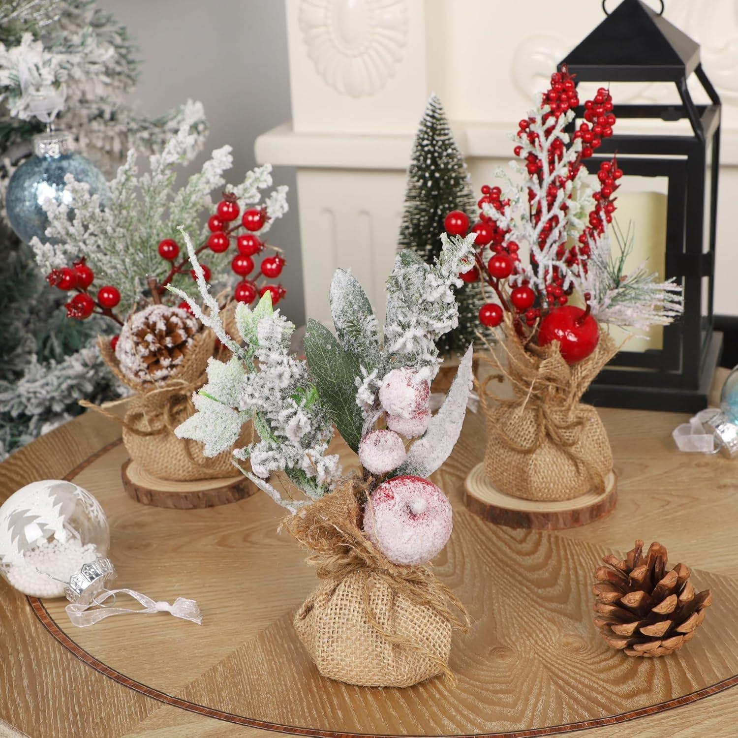 imagewinemana Mini Christmas Tree Table Decorations Indoor 3 Pcs Small Artificial Xmas Trees Decoration with Red Berries Pine Cone for Centerpiece Kitchen Office Tabletop Home Holiday Decorstyle 2
