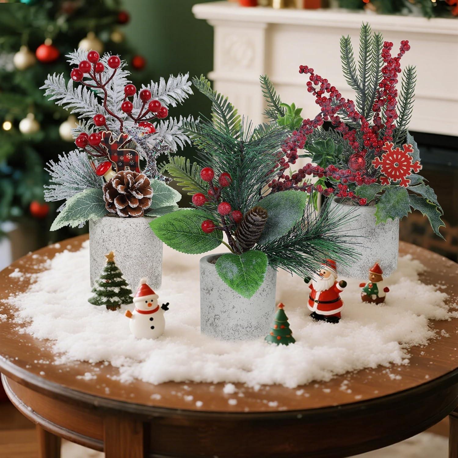 imagewinemana Mini Christmas Tree Table Decorations Indoor 3 Pcs Small Artificial Xmas Trees Decoration with Red Berries Pine Cone for Centerpiece Kitchen Office Tabletop Home Holiday Decorstyle 7