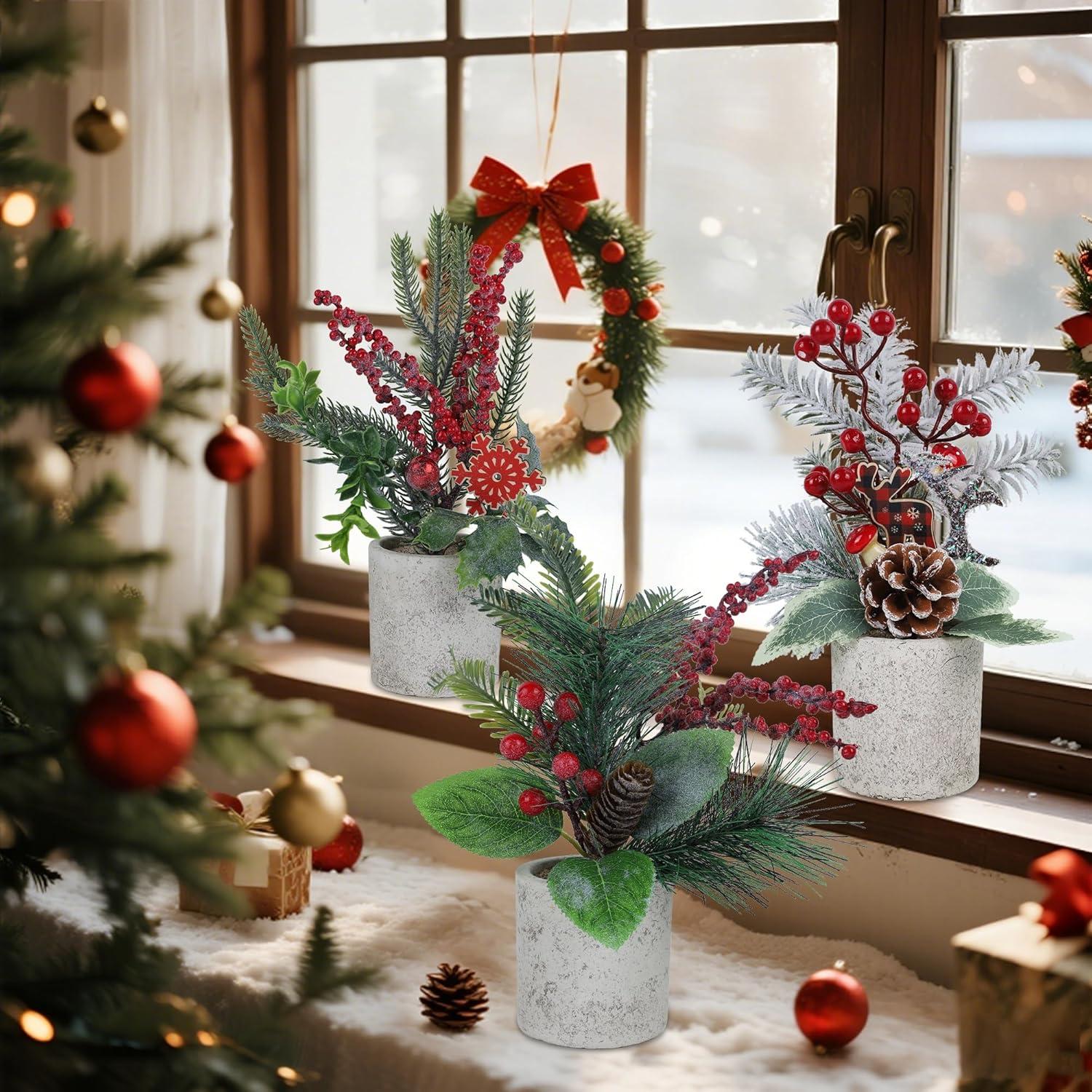 imagewinemana Mini Christmas Tree Table Decorations Indoor 3 Pcs Small Artificial Xmas Trees Decoration with Red Berries Pine Cone for Centerpiece Kitchen Office Tabletop Home Holiday Decorstyle 7