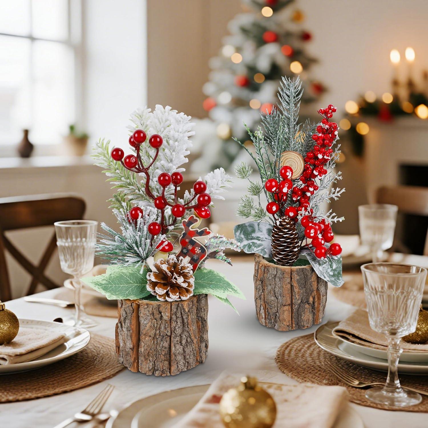 imagewinemana Mini Christmas Tree Table Decorations Indoor 3 Pcs Small Artificial Xmas Trees Decoration with Red Berries Pine Cone for Centerpiece Kitchen Office Tabletop Home Holiday Decorstyle 6