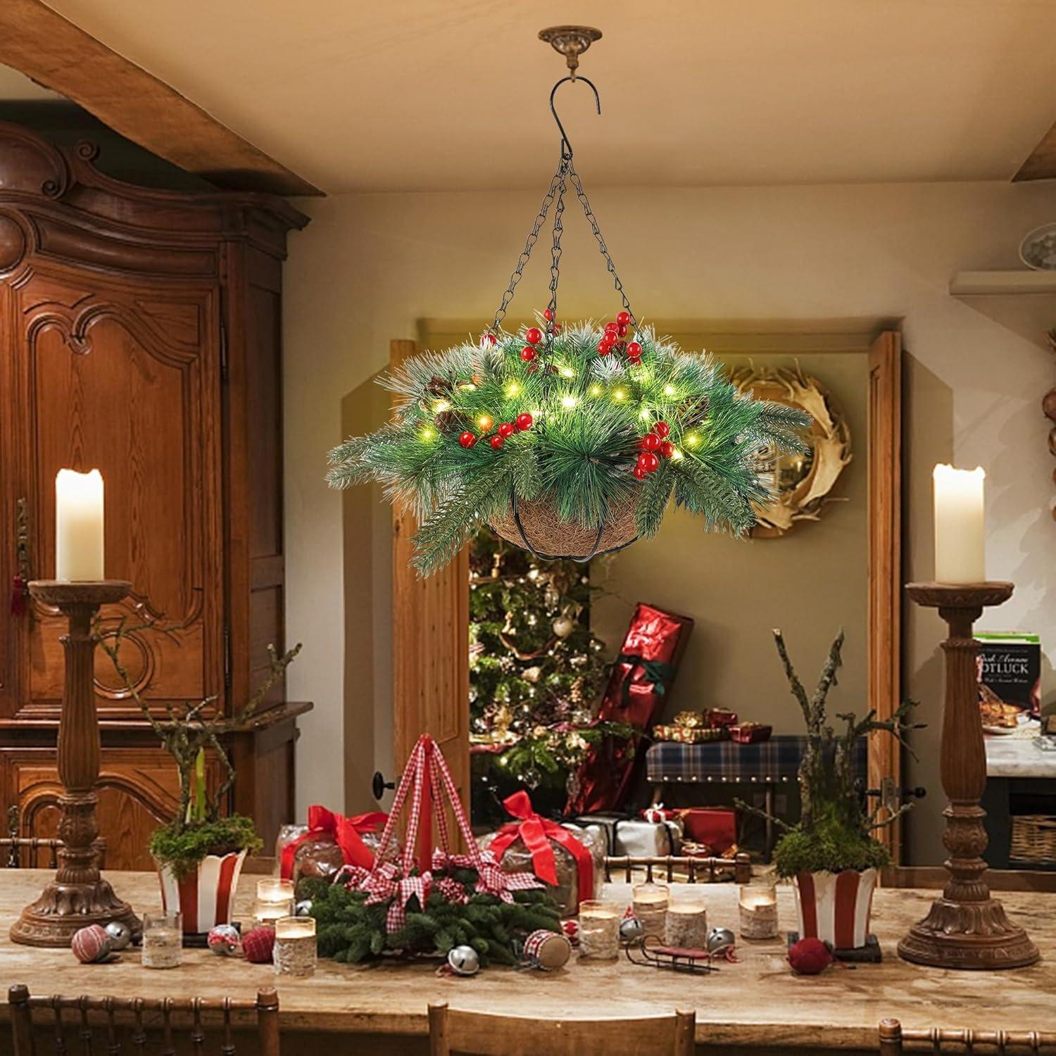 imagewinemana PreLit Artificial Christmas Hanging Basket Outdoor Decoration with Pine Cones ampamp Red Berry Clusters Battery Powered with Timer Lighted Branches Faux Plants for Outside Porch Front Door
