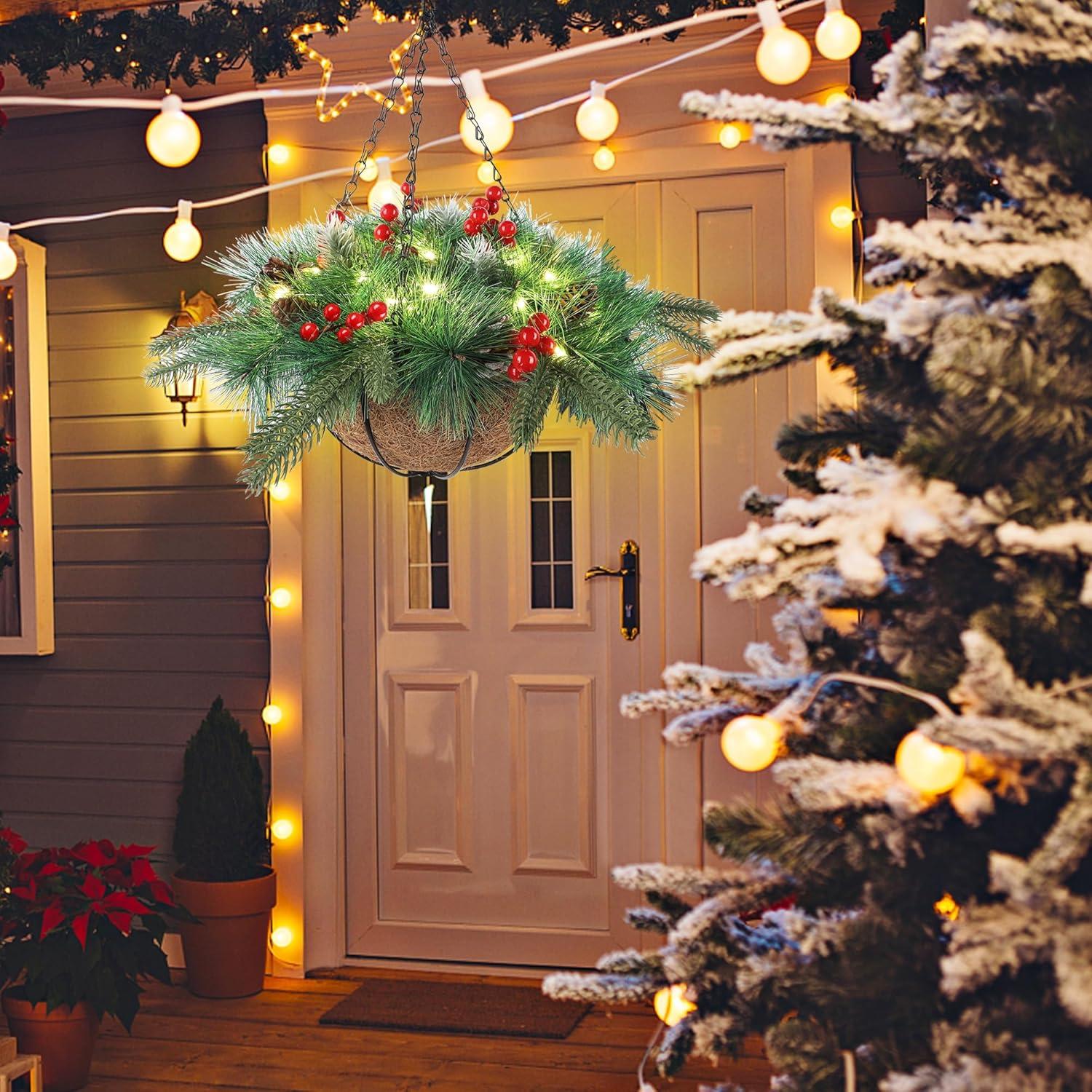 imagewinemana PreLit Artificial Christmas Hanging Basket Outdoor Decoration with Pine Cones ampamp Red Berry Clusters Battery Powered with Timer Lighted Branches Faux Plants for Outside Porch Front Door