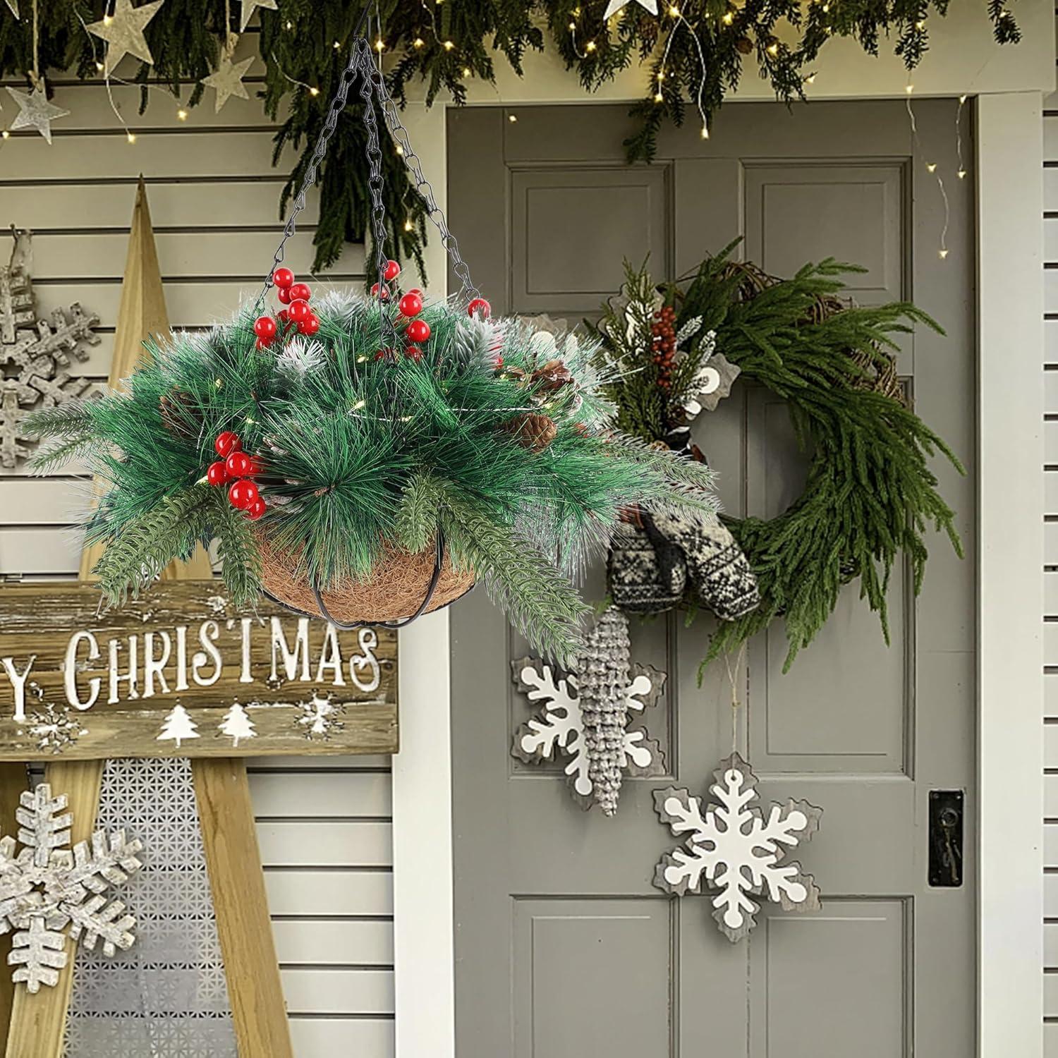 imagewinemana PreLit Artificial Christmas Hanging Basket Outdoor Decoration with Pine Cones ampamp Red Berry Clusters Battery Powered with Timer Lighted Branches Faux Plants for Outside Porch Front Door