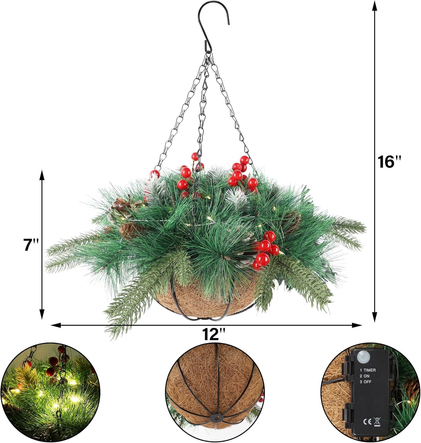 imagewinemana PreLit Artificial Christmas Hanging Basket Outdoor Decoration with Pine Cones ampamp Red Berry Clusters Battery Powered with Timer Lighted Branches Faux Plants for Outside Porch Front Door