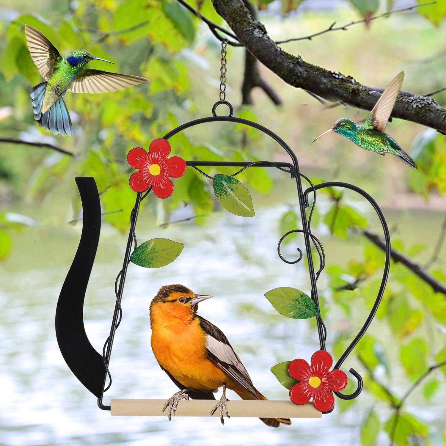 imagewinemana Set of 3 Hummingbird Swings and Perches Rust Resistant Metal Frame with Wooden Dowel Bird Feeders Accessories for Hanging Indoor Office Outdoor Balcony Trunk Patio Garden KettleShaped