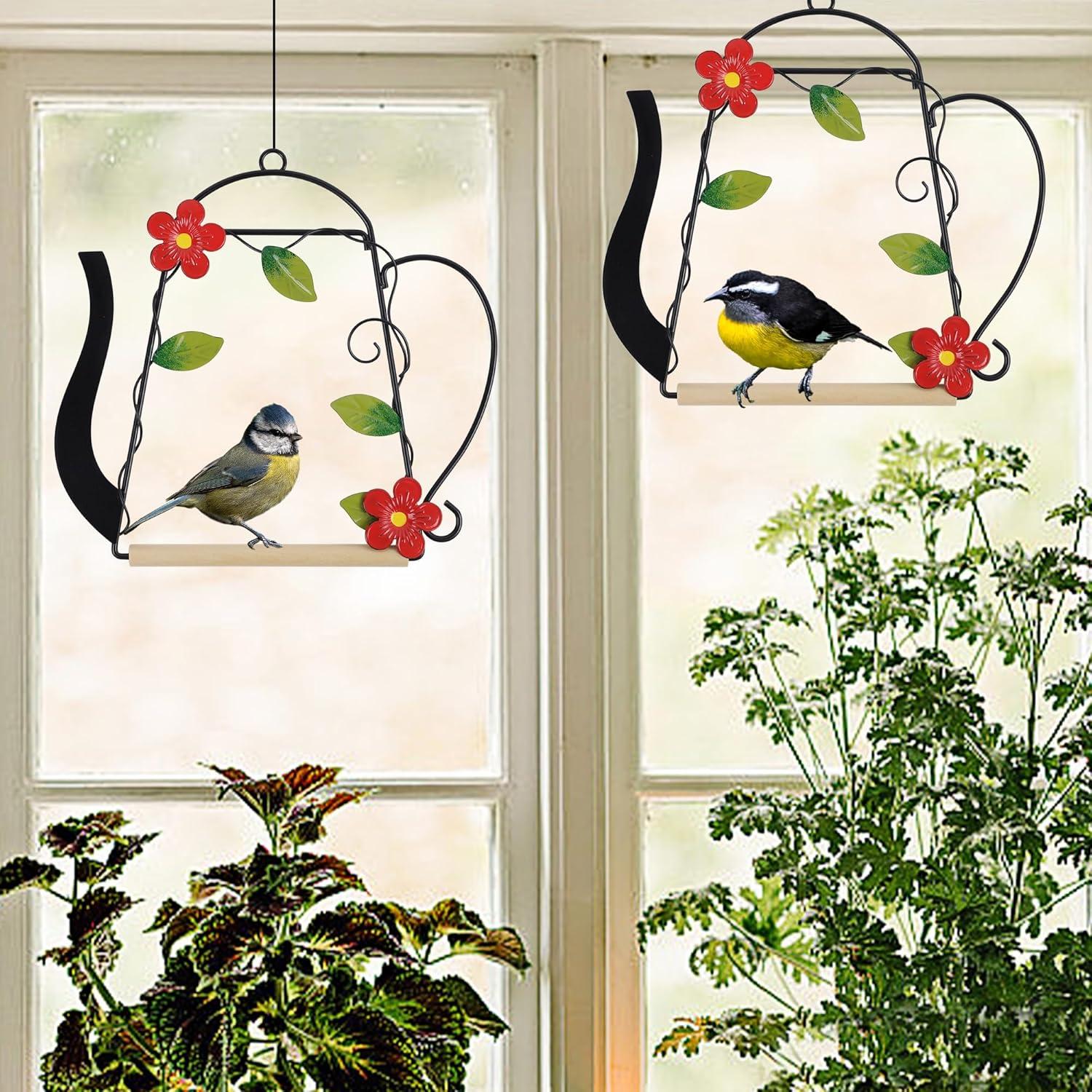 imagewinemana Set of 3 Hummingbird Swings and Perches Rust Resistant Metal Frame with Wooden Dowel Bird Feeders Accessories for Hanging Indoor Office Outdoor Balcony Trunk Patio Garden KettleShaped