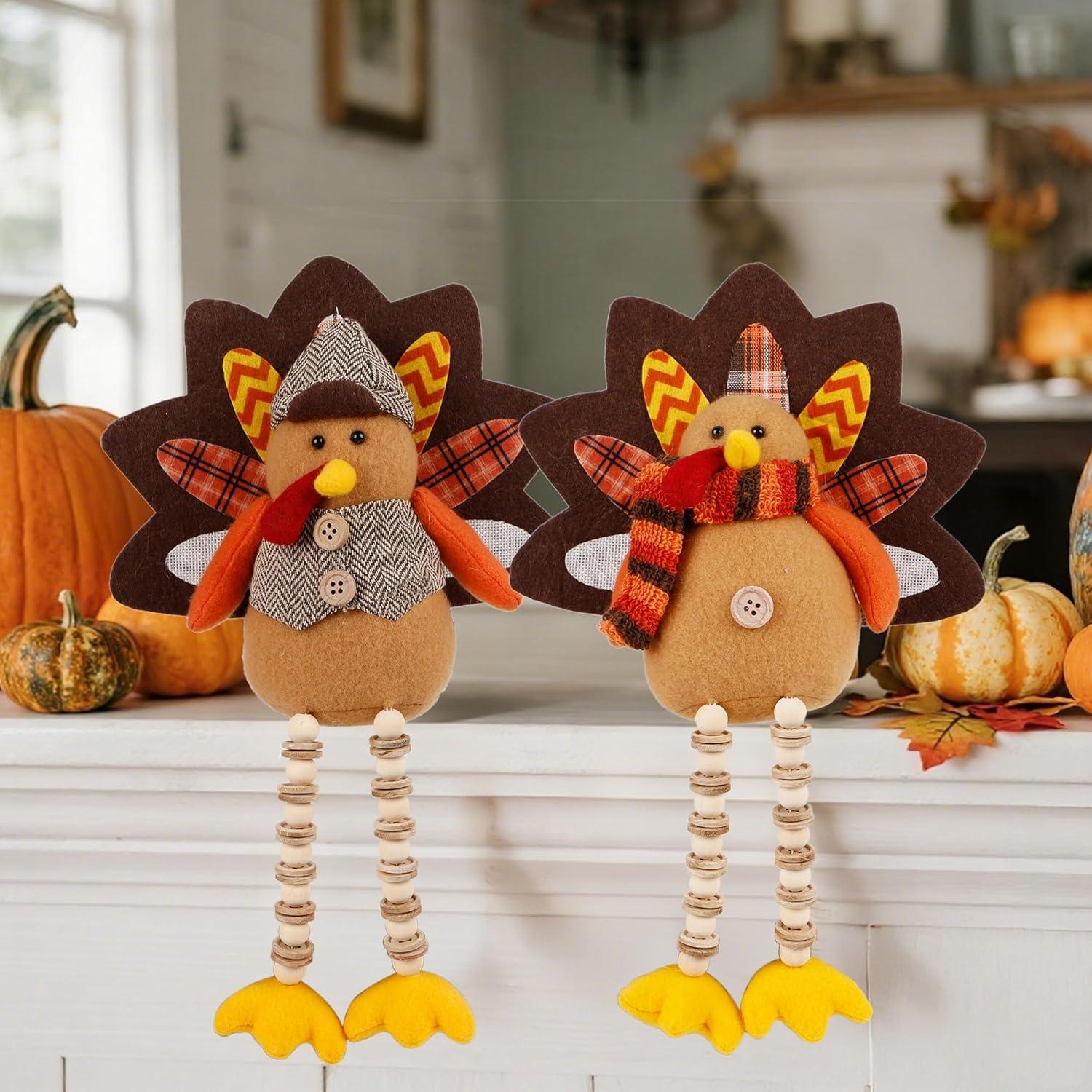 imagewinemana Thanksgiving Decorations Set of 2 Turkeys with Dangling Legs Mr and Mrs Turkey Couple Plush Tabletop Centerpieces for Fall Harvest Home Kitchen ShelfTurkeys with Dangling Legs