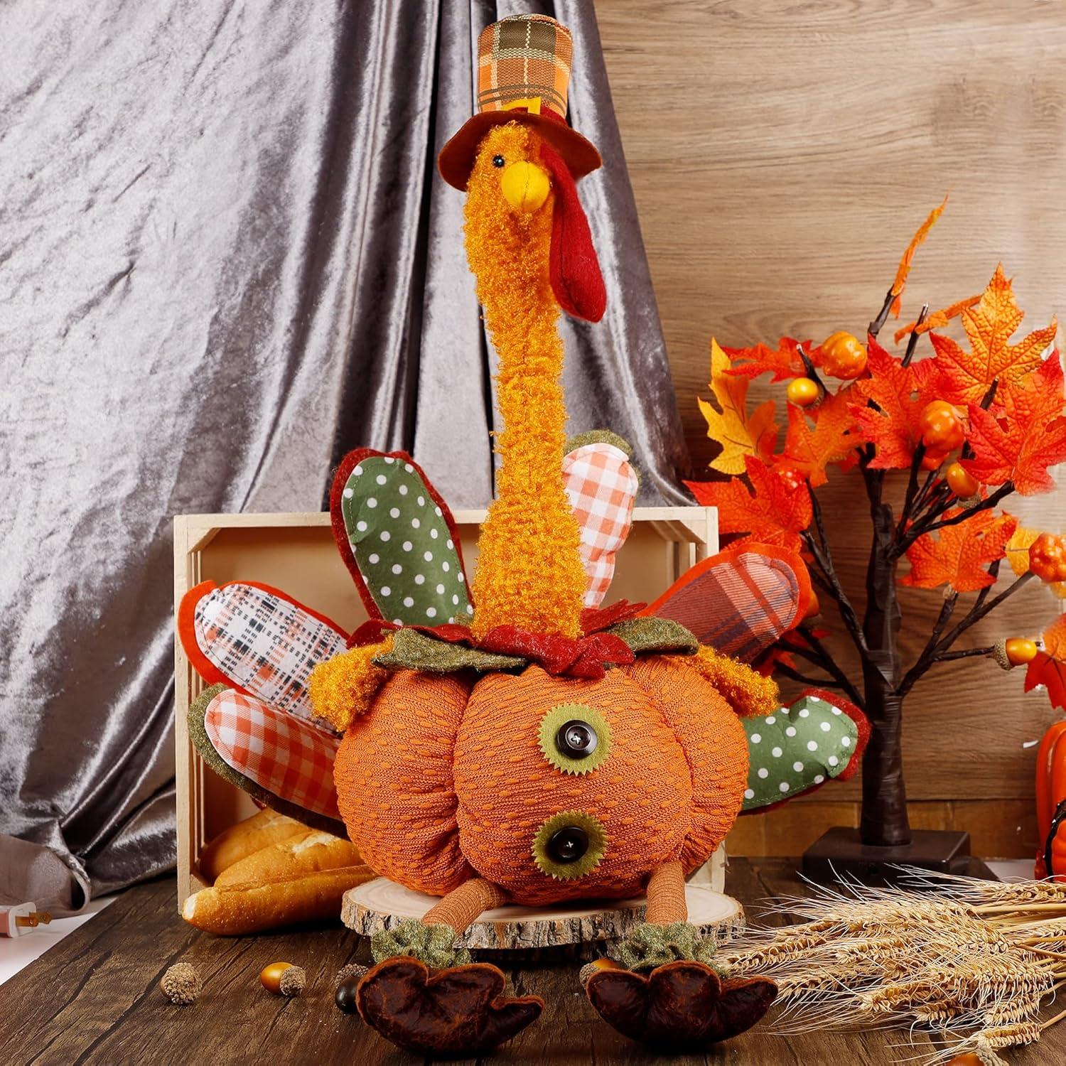 imagewinemana Thanksgiving Decorations Set of 2 Turkeys with Dangling Legs Mr and Mrs Turkey Couple Plush Tabletop Centerpieces for Fall Harvest Home Kitchen ShelfTraditional