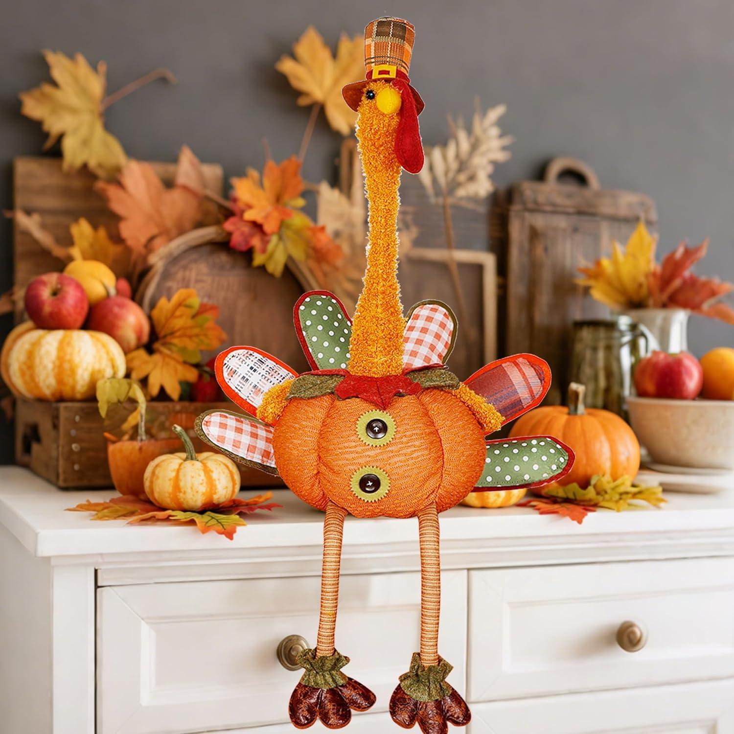 imagewinemana Thanksgiving Decorations Set of 2 Turkeys with Dangling Legs Mr and Mrs Turkey Couple Plush Tabletop Centerpieces for Fall Harvest Home Kitchen ShelfTraditional