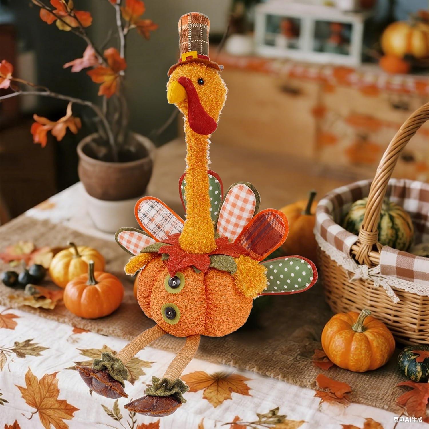 imagewinemana Thanksgiving Decorations Set of 2 Turkeys with Dangling Legs Mr and Mrs Turkey Couple Plush Tabletop Centerpieces for Fall Harvest Home Kitchen ShelfTraditional