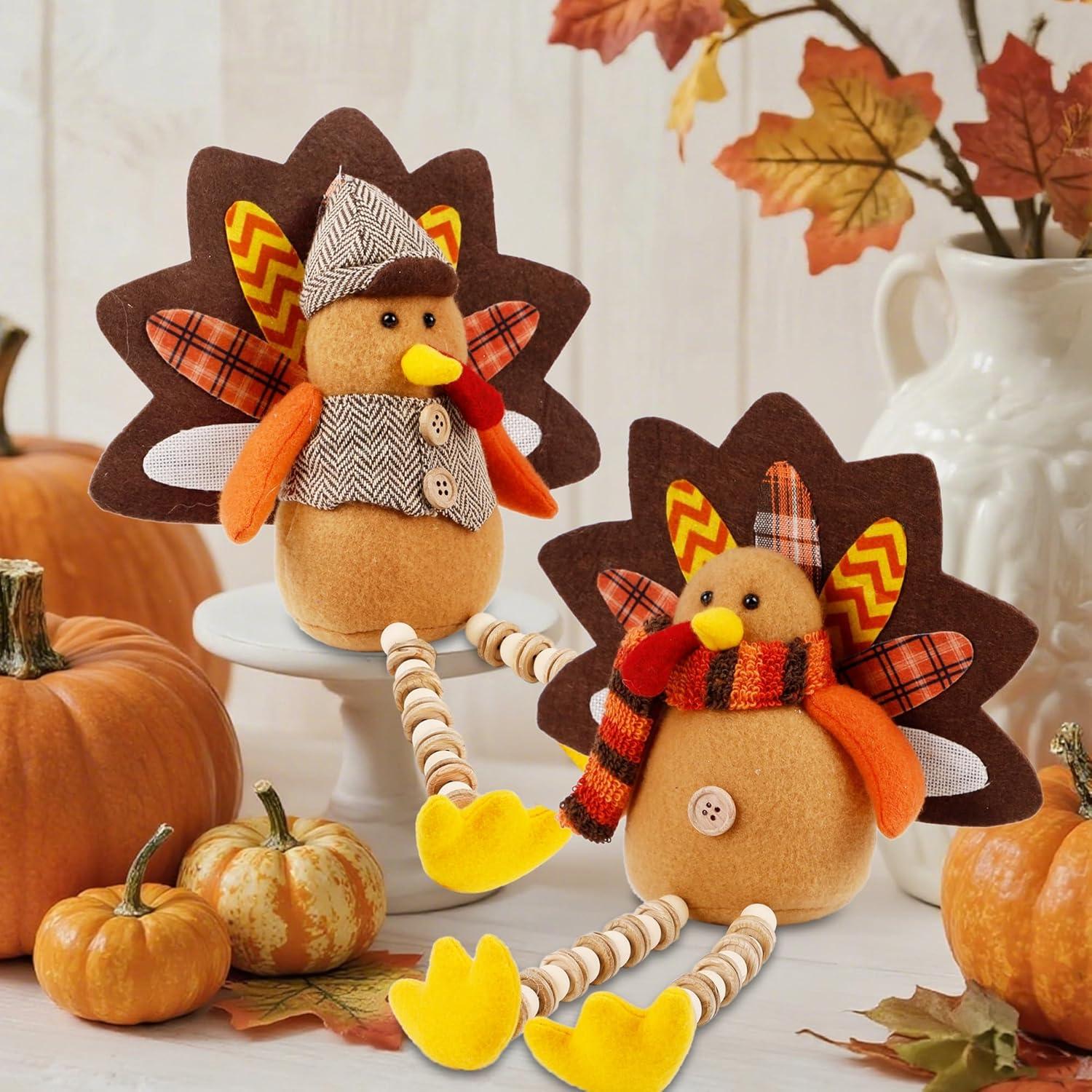 imagewinemana Thanksgiving Decorations Set of 2 Turkeys with Dangling Legs Mr and Mrs Turkey Couple Plush Tabletop Centerpieces for Fall Harvest Home Kitchen ShelfTurkeys with Dangling Legs
