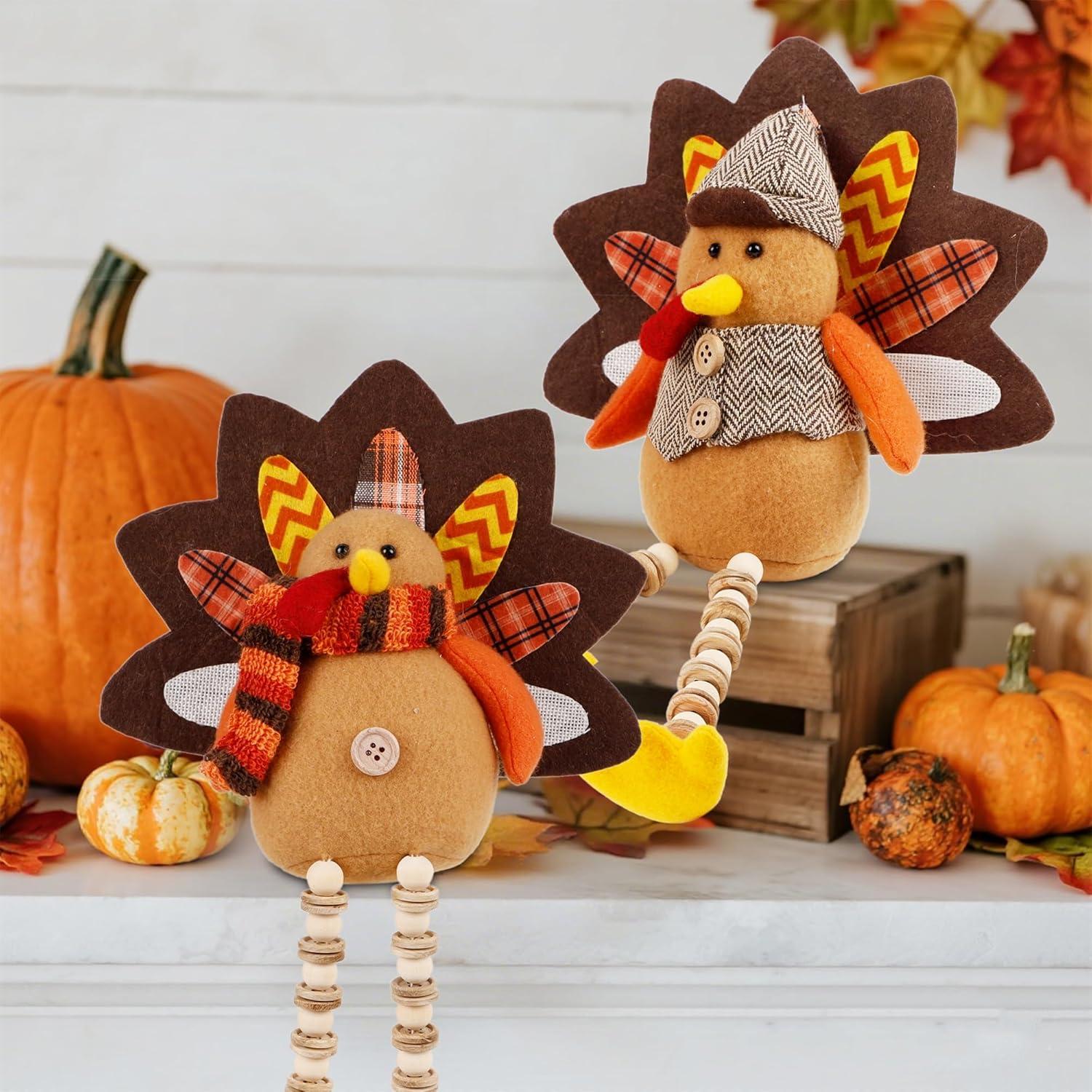 imagewinemana Thanksgiving Decorations Set of 2 Turkeys with Dangling Legs Mr and Mrs Turkey Couple Plush Tabletop Centerpieces for Fall Harvest Home Kitchen ShelfTurkeys with Dangling Legs