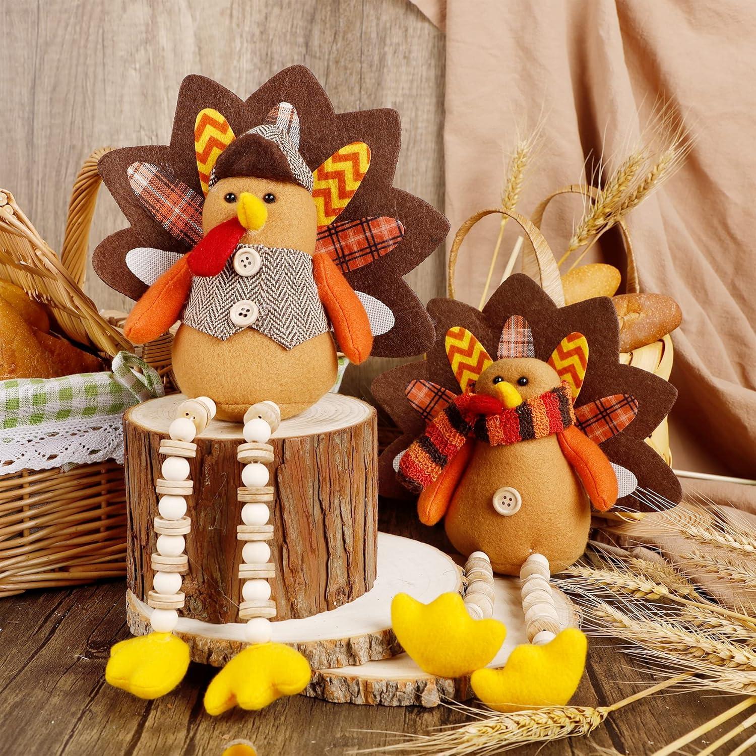imagewinemana Thanksgiving Decorations Set of 2 Turkeys with Dangling Legs Mr and Mrs Turkey Couple Plush Tabletop Centerpieces for Fall Harvest Home Kitchen ShelfTurkeys with Dangling Legs