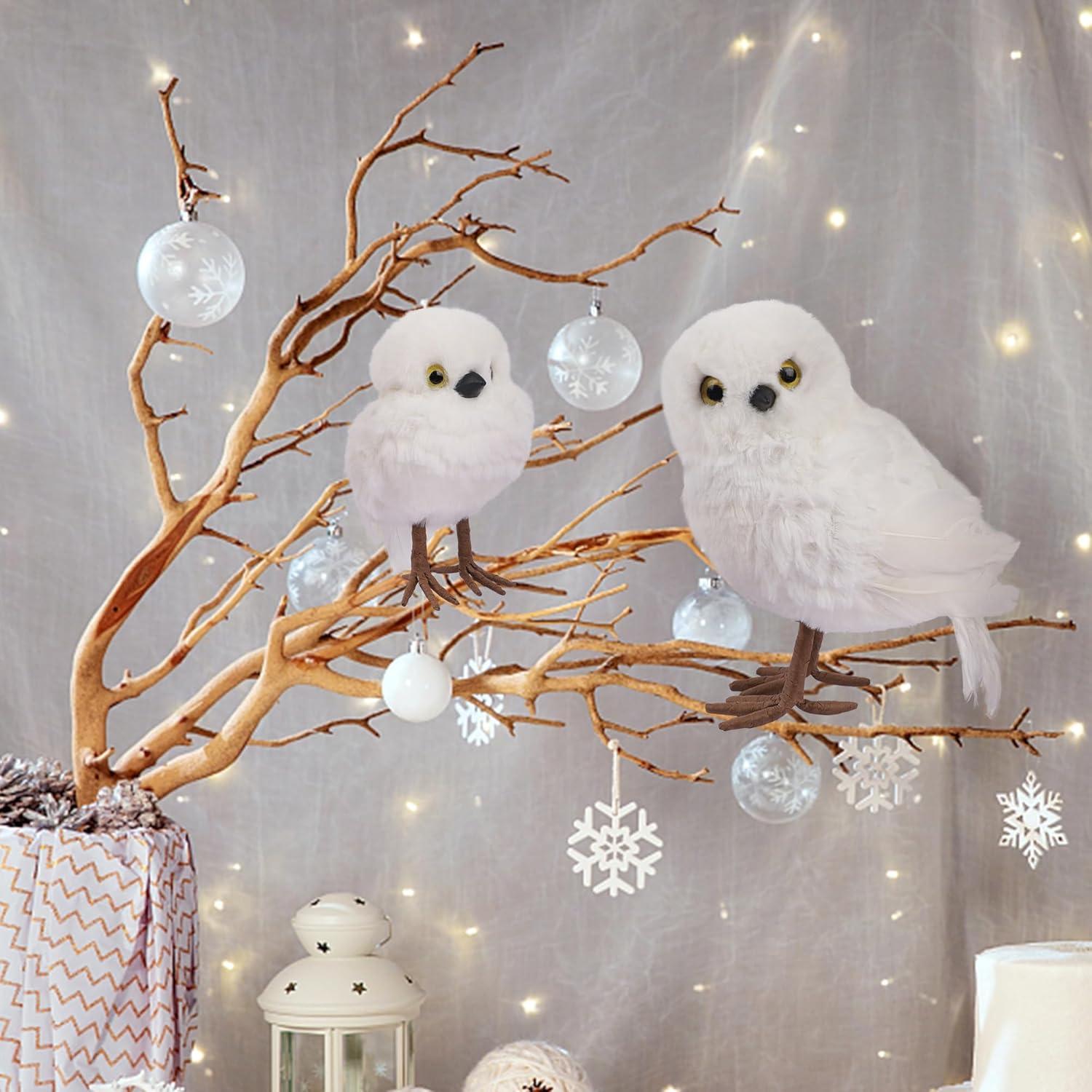 imagewinemana Winter Decorations White Owl Figurine Set of 2 Christmas Furry Owls Ornaments Holiday Decor Table Decorations for Home Party