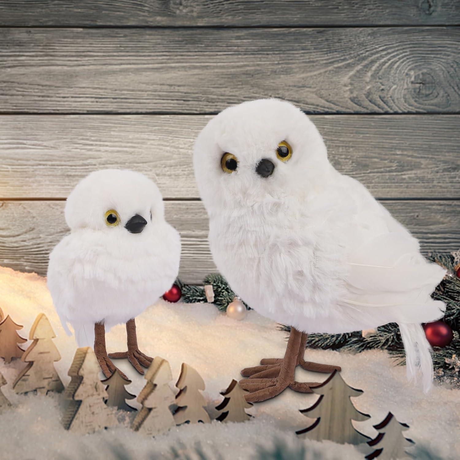 imagewinemana Winter Decorations White Owl Figurine Set of 2 Christmas Furry Owls Ornaments Holiday Decor Table Decorations for Home Party