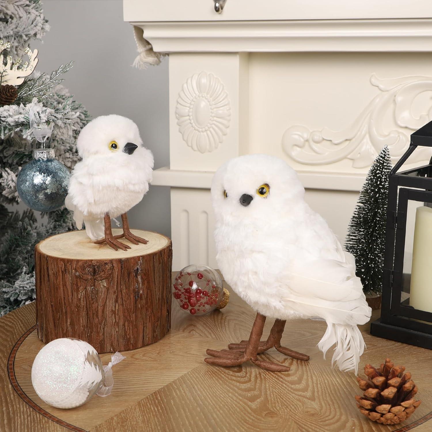 imagewinemana Winter Decorations White Owl Figurine Set of 2 Christmas Furry Owls Ornaments Holiday Decor Table Decorations for Home Party