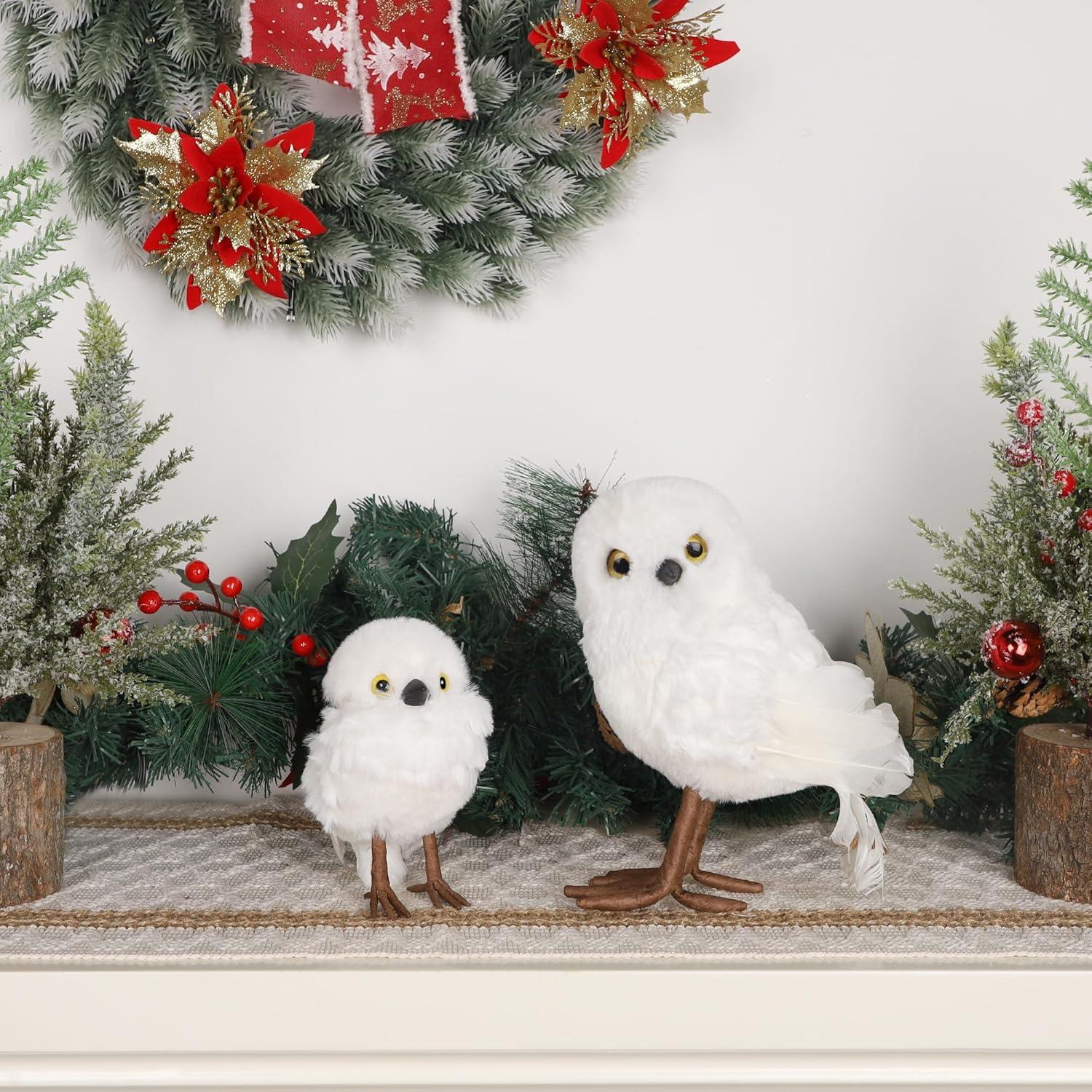 imagewinemana Winter Decorations White Owl Figurine Set of 2 Christmas Furry Owls Ornaments Holiday Decor Table Decorations for Home Party
