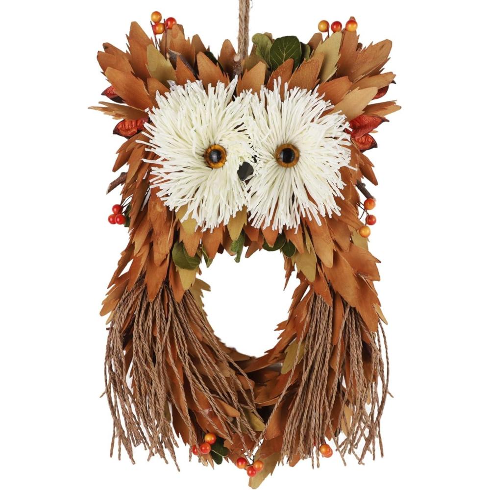 imagewinemana Fall Wreaths for Front Door 14 Inch Handmade Owl Wreath with Berries ampamp Autumn Leaves Fall Decorations for Home Outside Farmhouse Thanksgiving Boho Harvest Decor for Porch