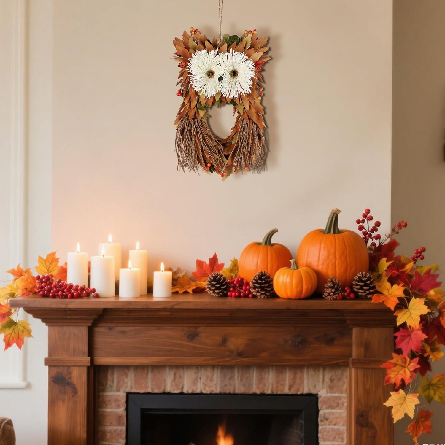 imagewinemana Fall Wreaths for Front Door 14 Inch Handmade Owl Wreath with Berries ampamp Autumn Leaves Fall Decorations for Home Outside Farmhouse Thanksgiving Boho Harvest Decor for Porch