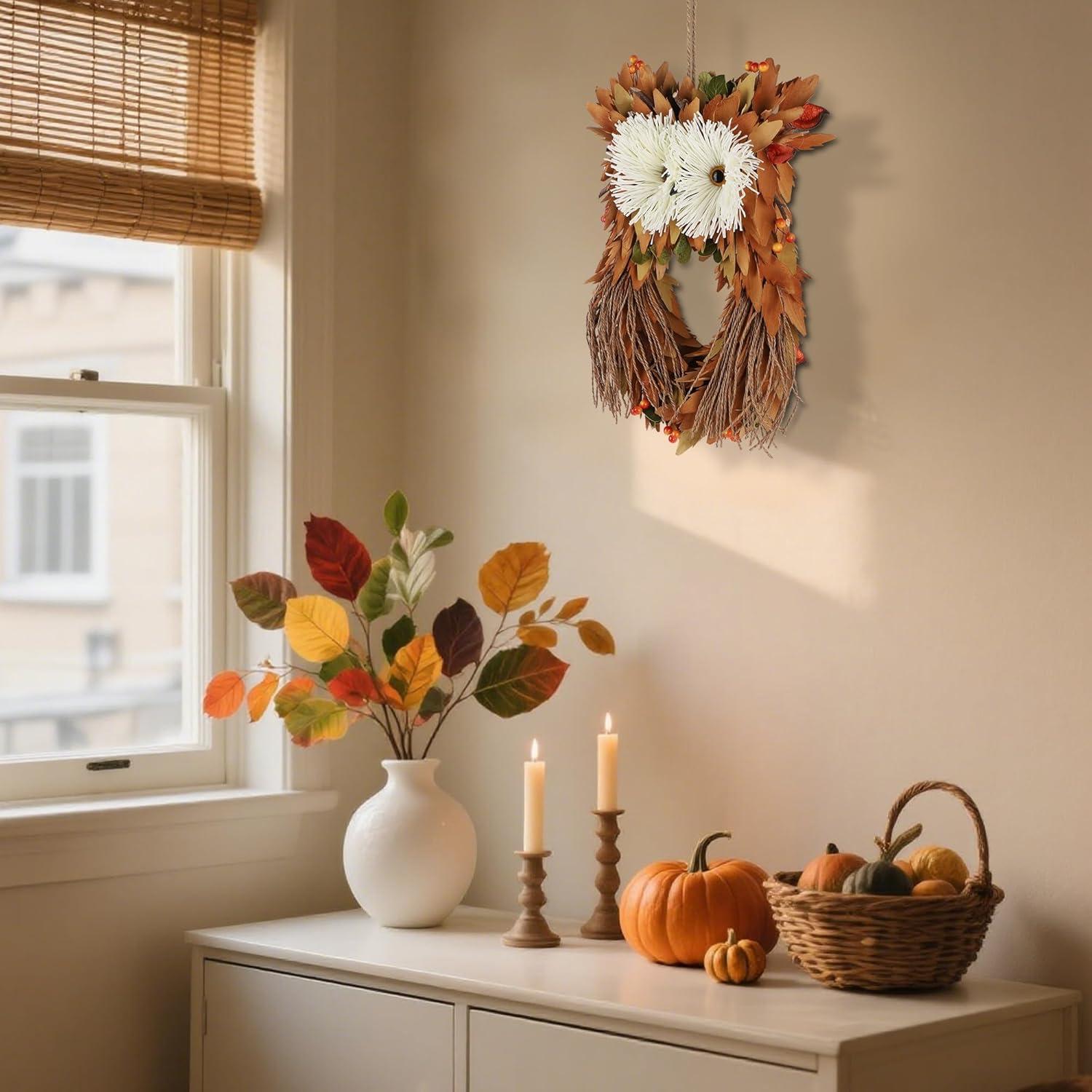 imagewinemana Fall Wreaths for Front Door 14 Inch Handmade Owl Wreath with Berries ampamp Autumn Leaves Fall Decorations for Home Outside Farmhouse Thanksgiving Boho Harvest Decor for Porch