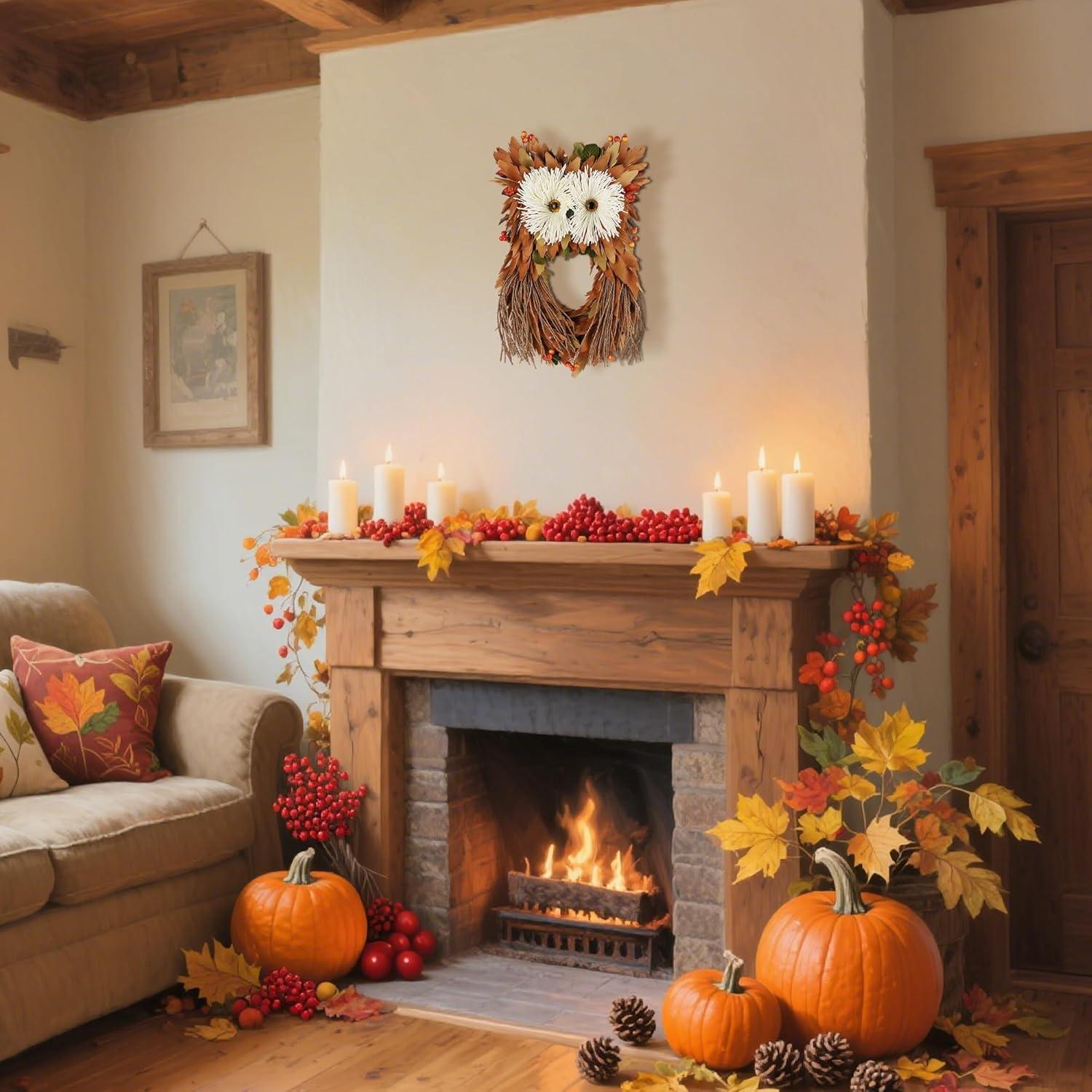 imagewinemana Fall Wreaths for Front Door 14 Inch Handmade Owl Wreath with Berries ampamp Autumn Leaves Fall Decorations for Home Outside Farmhouse Thanksgiving Boho Harvest Decor for Porch