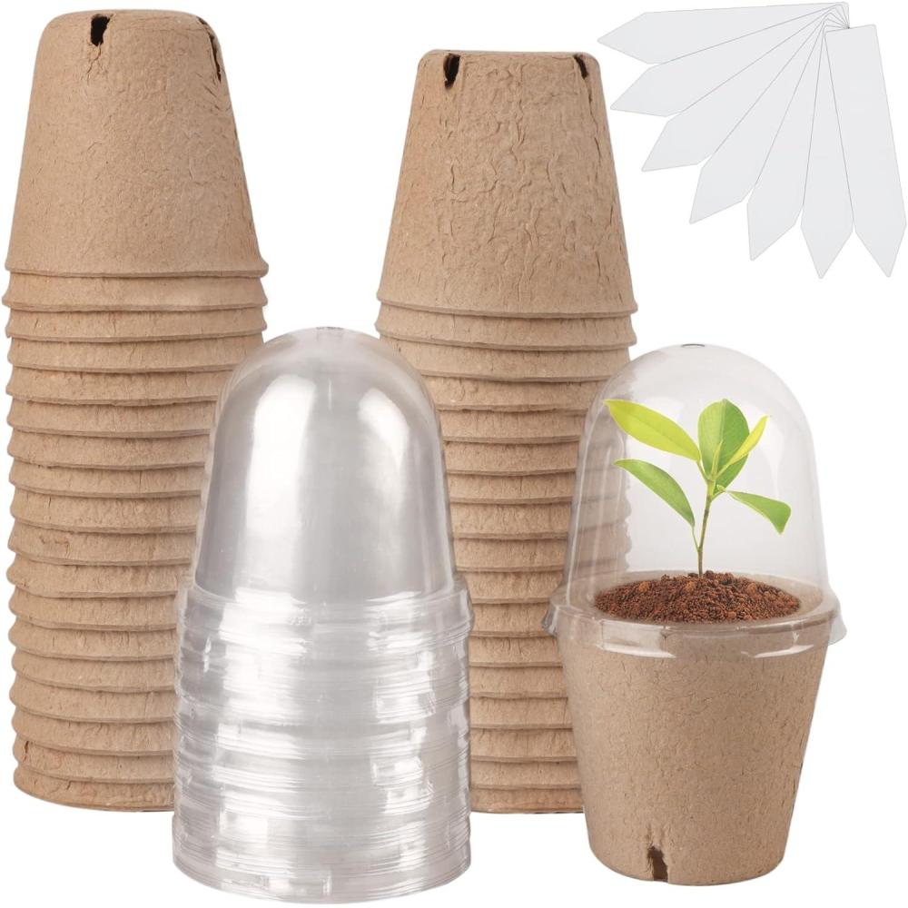 imagewinemana 36 Set Nursery Pots with Humidity Dome Clear Nursery Pots for Plants Seed Starting Pots with Drainage Holes ampamp Plant Labels for Vegetables Flowers Garden PlantsRound