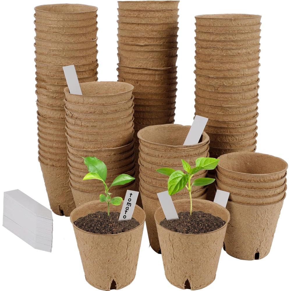 imagewinemana 100 Pack Seed Starter Tray Kit Biodegradable Peat Pots for Seedling with 100 Plant Labels Plant Garden Germination Tray for Flower Vegetables Succulents 3quot x 3quot