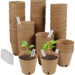 winemana 100 Pack Seed Starter Tray Kit, Biodegradable Peat Pots for Seedling with 100 Plant Labels, Plant Garden Germination Tray for Flower Vegetables Succulents (3″ x 3″)